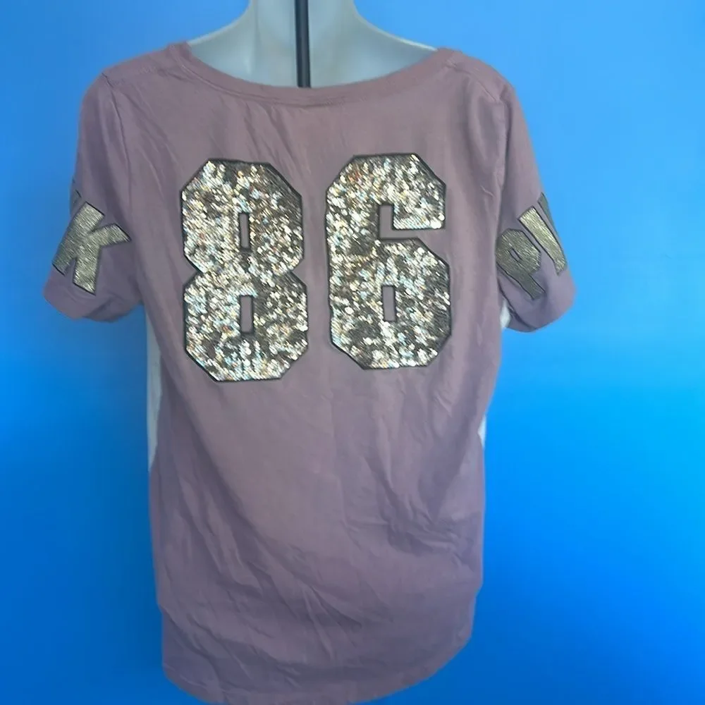 PINK by VS Women's T-Shirt M – Purple/Gold Sequin V-Neck, Stylish Casual Top